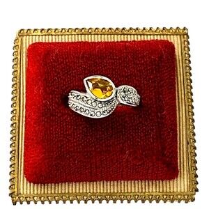 Vintage Marcasite Citrine Sterling Silver Ring Swirl Wave Pear Size 5.25